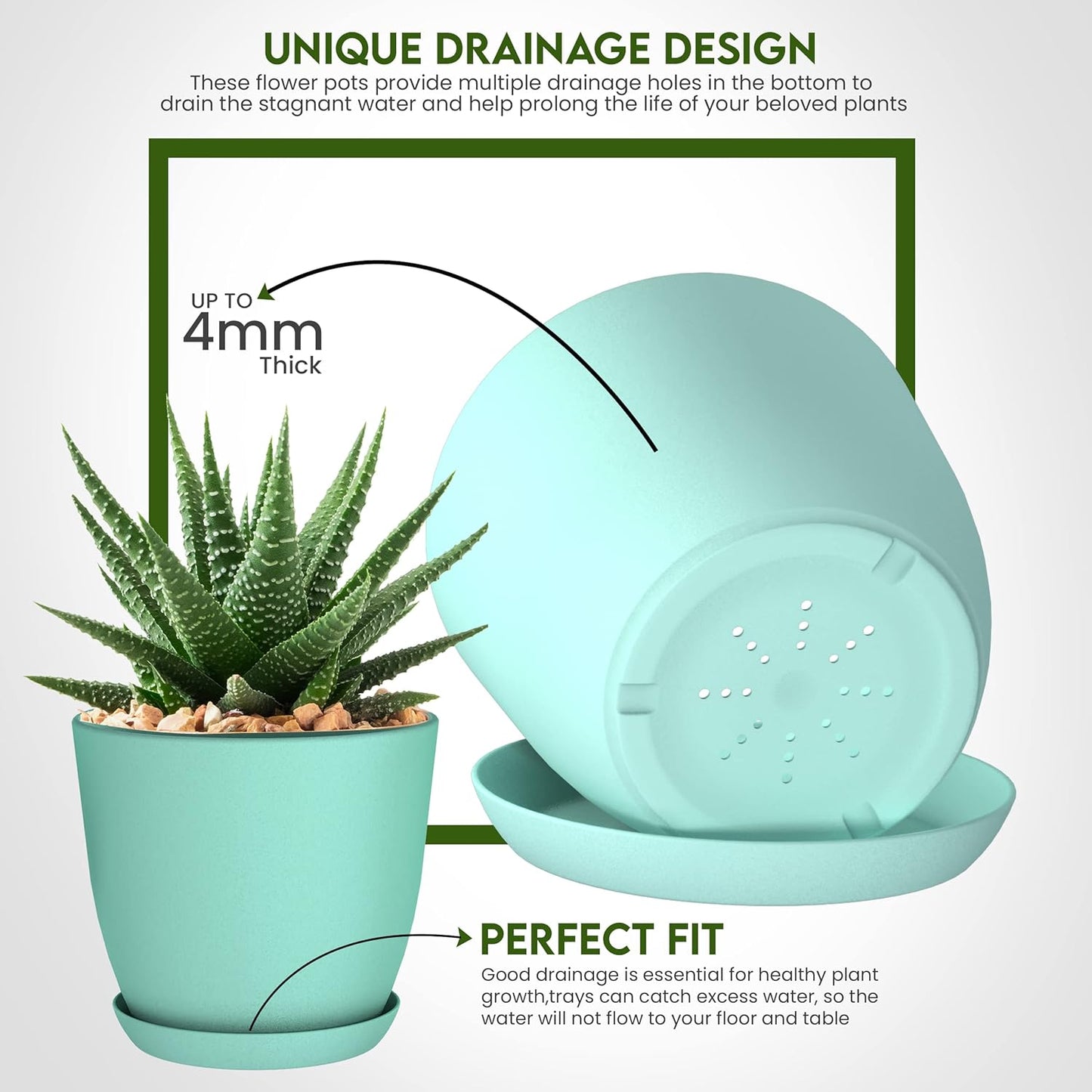 - Plant Pots Indoor with Drainage - 7/6.6/6/5.3/4.8 Inches Flower Pots for Indoor Planter - 5 Pack Plastic Planters - Ideal for Stocking Stuffers or Home Christmas Decorations - Aqua