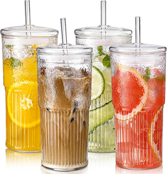 Glass Cups with Lids and Straws 4 Pcs,20Oz Glasses Drinking Set Vintage Textured Clear Iced Coffee Cups with Lids,Reusable Glass Tumbler with Straw and Lid for Coffee Bar Accessories