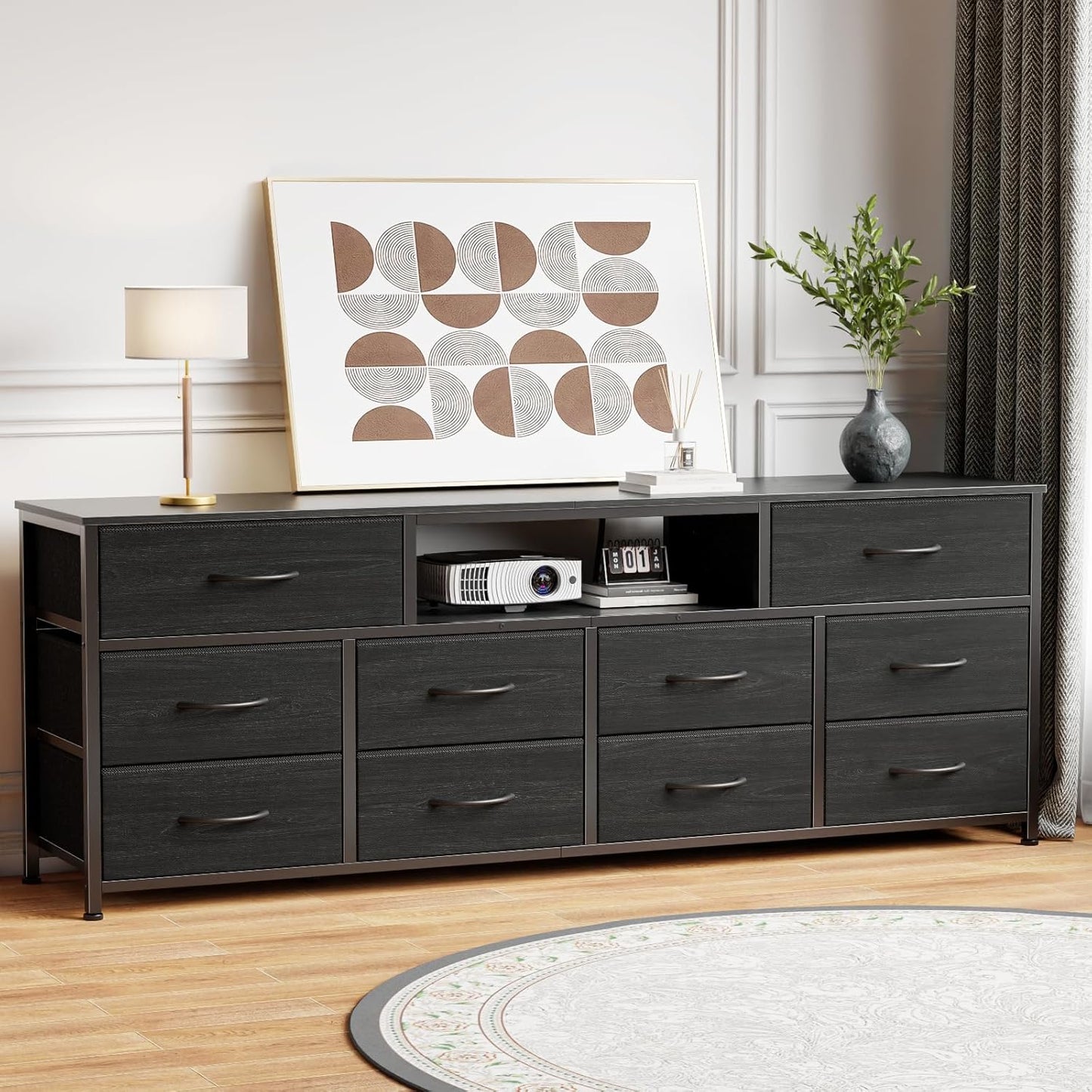 63-Inch Black Dresser and TV Stand for 65 to 75 Inch TVs, Featuring 10 Fabric Drawers, Power Outlet, and LED Lighting
