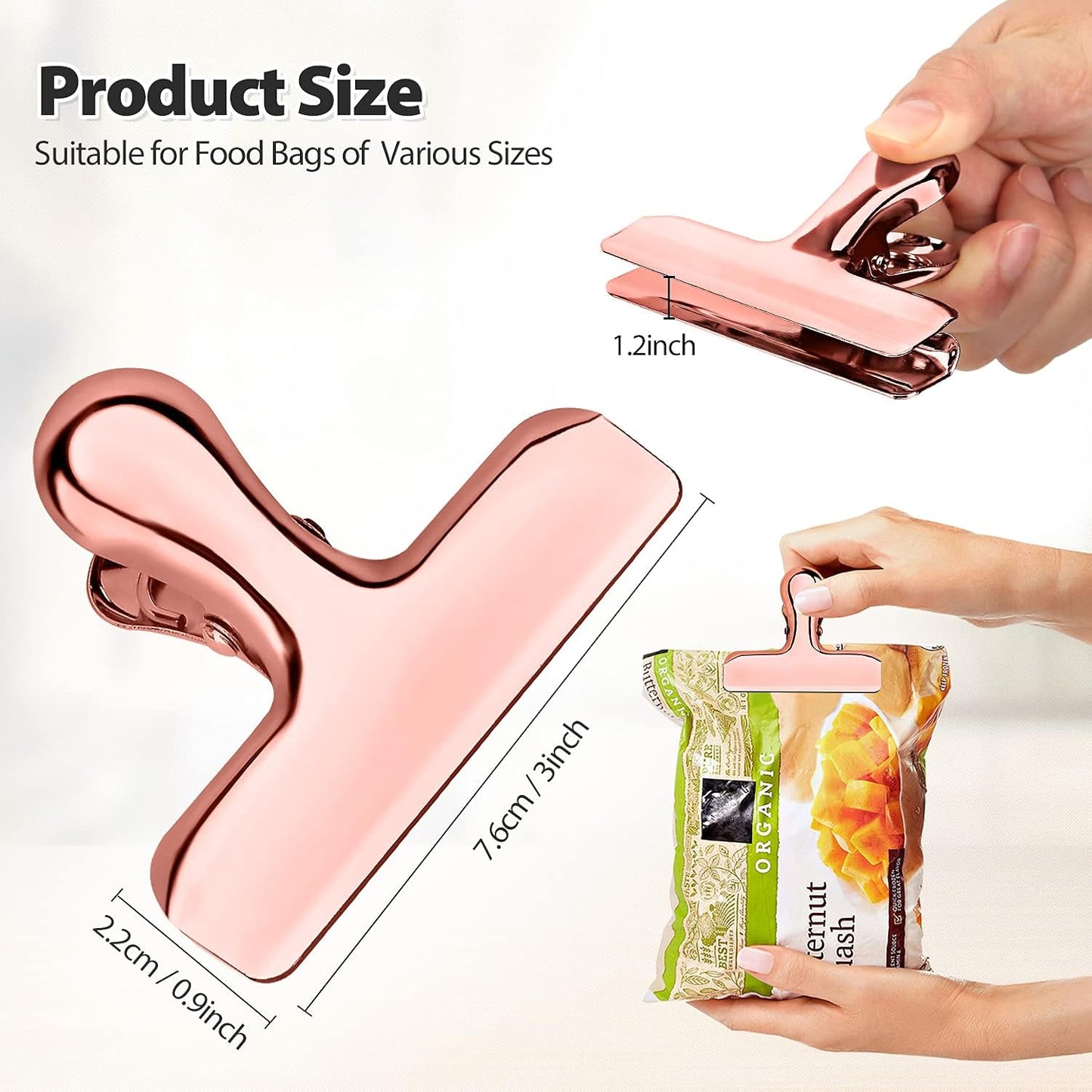 Pack of 8 Bag Clips, Stainless Steel and Heavy Duty Metal Bag Clip,Tightly Seals Chip, Coffee, Bread or Cereal Bags to Keep Food Fresh, for Home, Kitchen, Office, Pantry, Camping (Rose Gold)