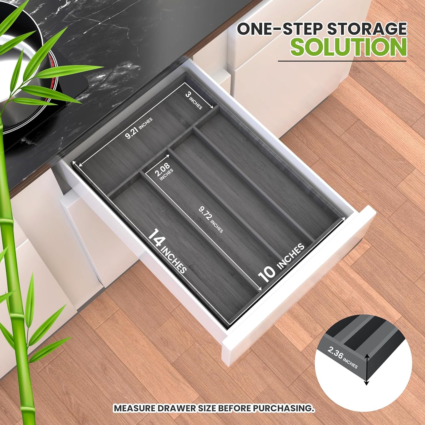 Silverware Organizer, Bamboo Utensil Drawer Organizer for Cutlery, Utensils & Flatware (5 Compartment, Grey) Pack of 1