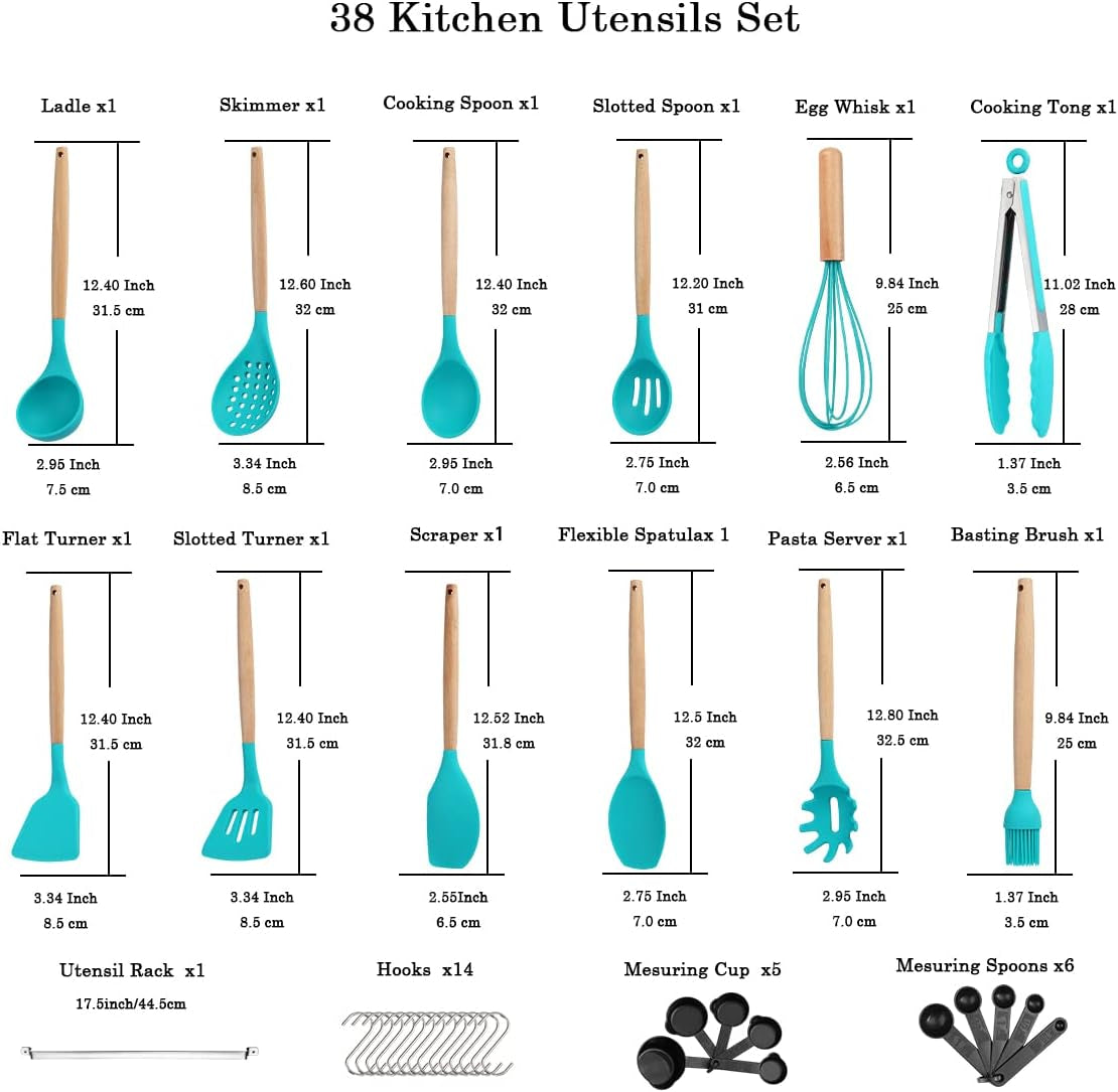 38-Piece Silicone Kitchen Utensils Set with Non-Stick Cookware, Wooden Handles, Multi-Use Hooks, and Utensil Racks (Blue)