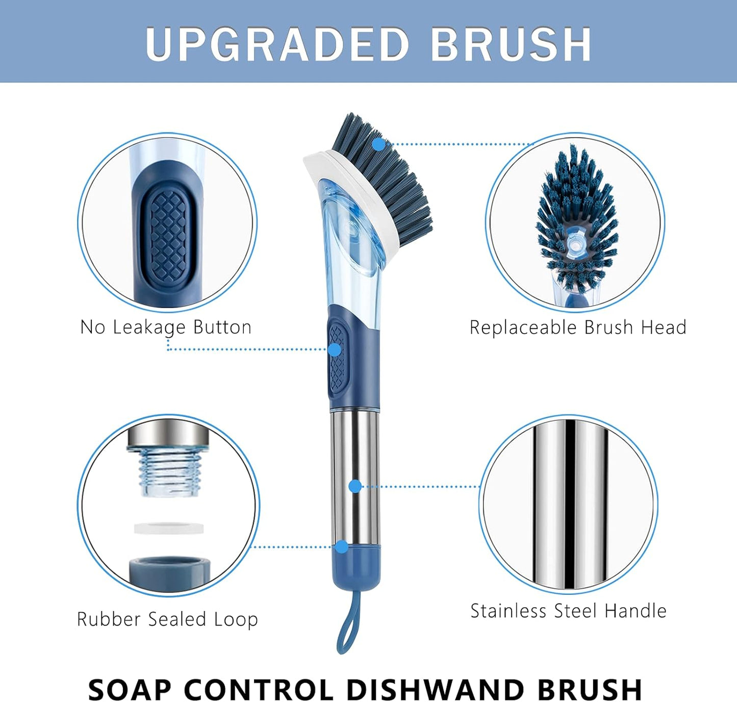 Dish Brush with Soap Dispenser Dish Scrubber with 4 Replaceable Heads Kitchen Dish Scrub Brush with Stainless Steel Handle Dish Cleaning Brush Dish Wand for Dishes, Pots…