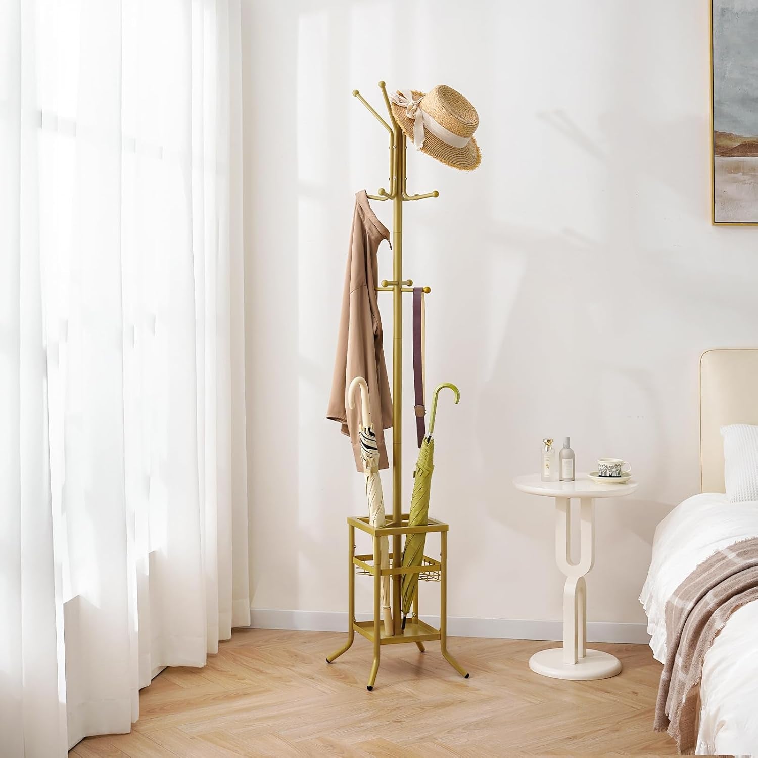 Coat Rack Freestanding, Coat Tree with Umbrella Holder, Metal Coat Rack Stand with 12 Hooks, Modern Coat Hanger Stand for Entryway, Purse Rack Hat Rack Stand for Living Room Bedroom Office