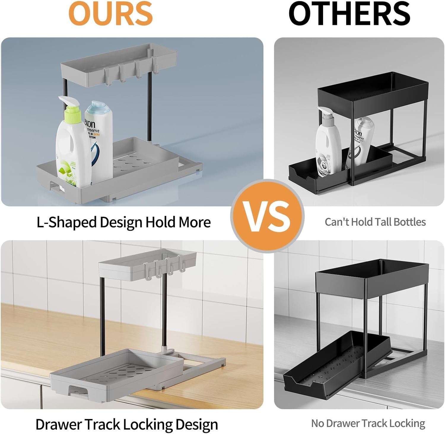 2 Pack under Sink Organizers and Storage, L-Shape Grey under Bathroom Kitchen Sink Organizer with Drawer for under Sink Storage Organizer