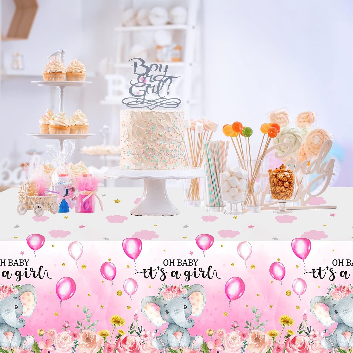 3 Pack Elephant Baby Shower Decorations - Plastic Tablecloth Table Cover Backdrop for Boy Girl Gender Party Supplies, 54 X 108 Inch, Pink