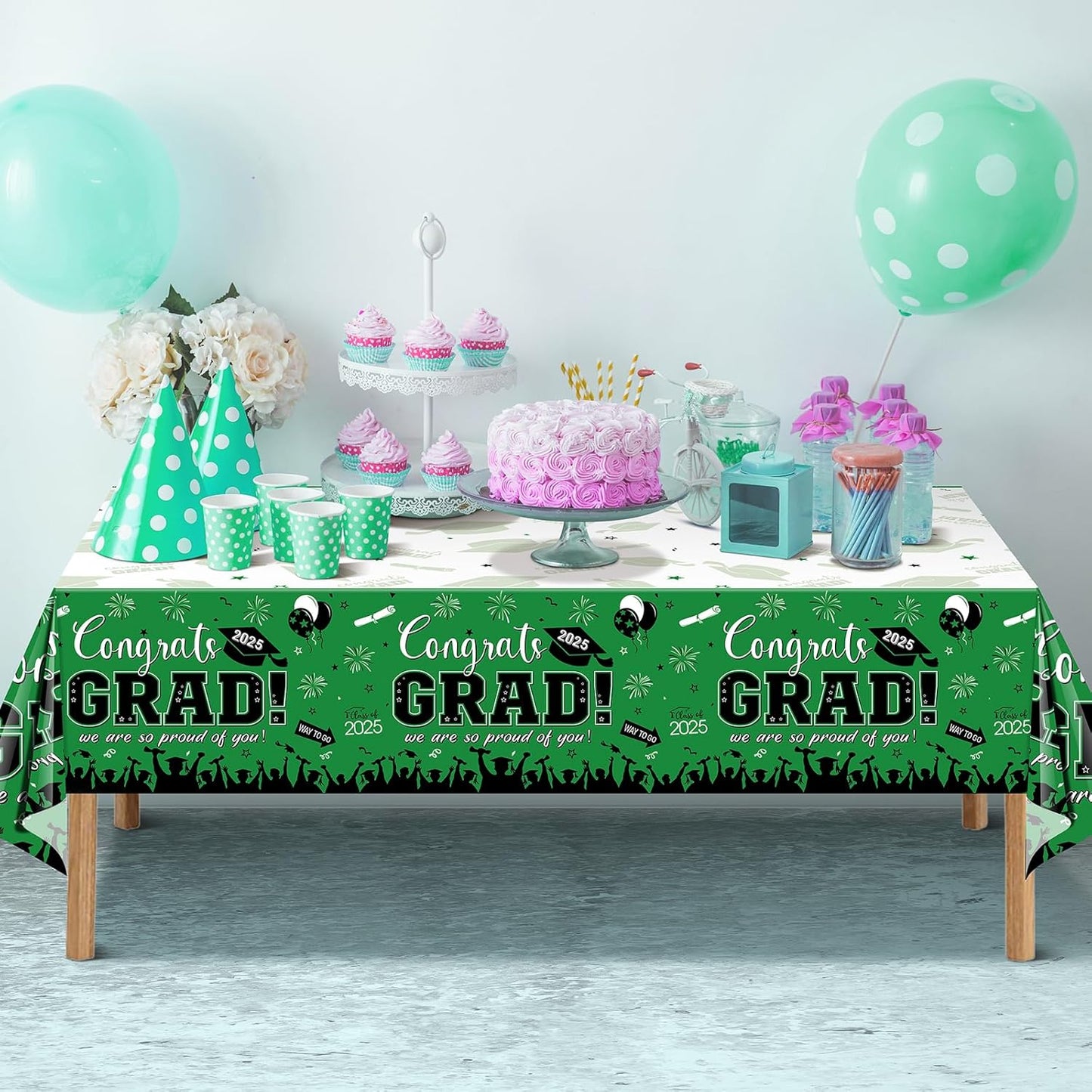 3 Pack Graduation Tablecloth Party Decorations, Class of 2025 Congrats Grad Plastic Tablecover Party Supplies, Green Rectangle Graduation Table Decorations for College High School Party, 54 X 108 Inch