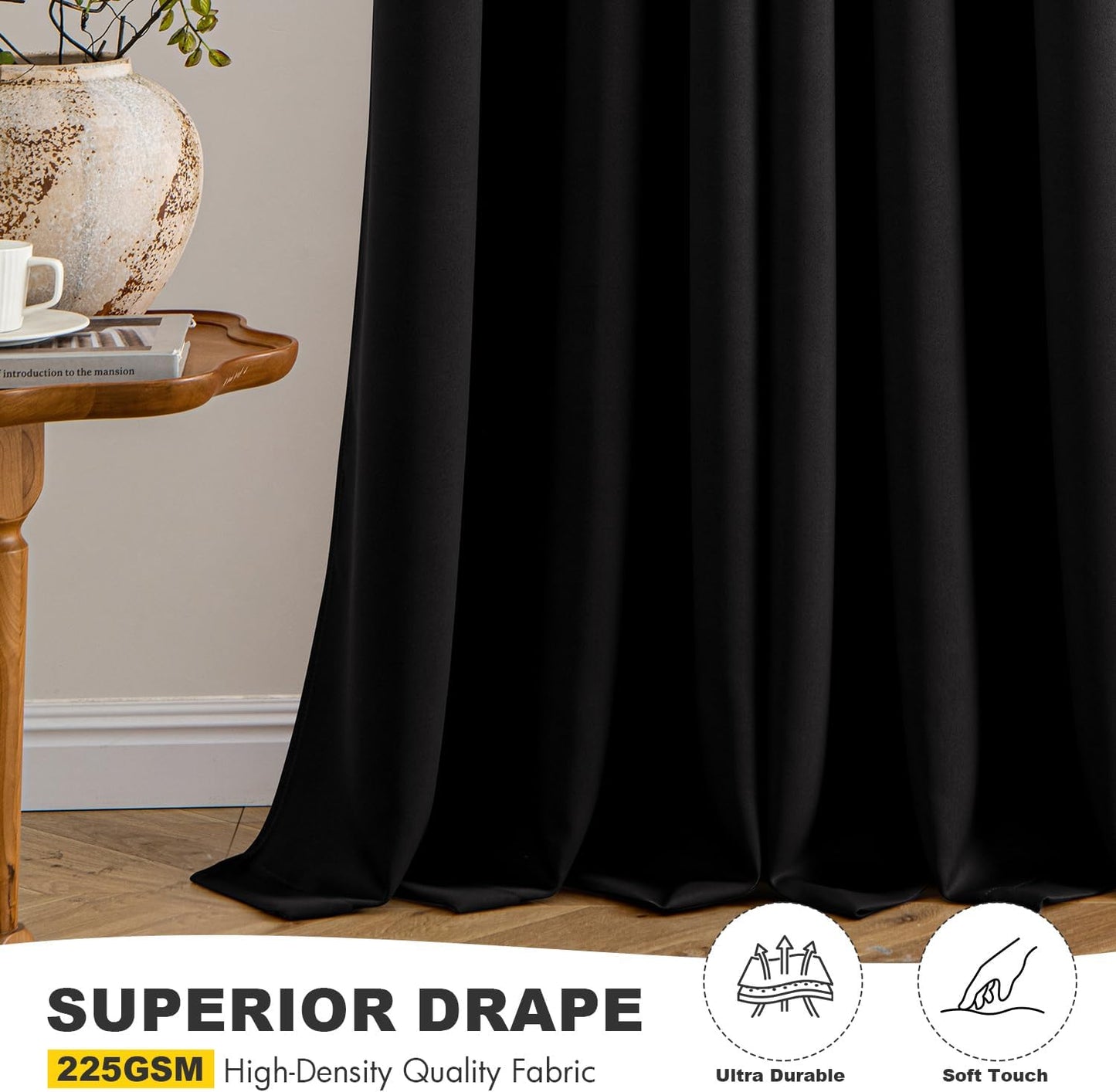Black Blackout Curtains for Bedroom Living Room 63 Inches Long 2 Panels, Thermal Insulated Room Darkening Drapes Solid Grommet Top Noise Reduction Light Blocking Halloween Window Treatments