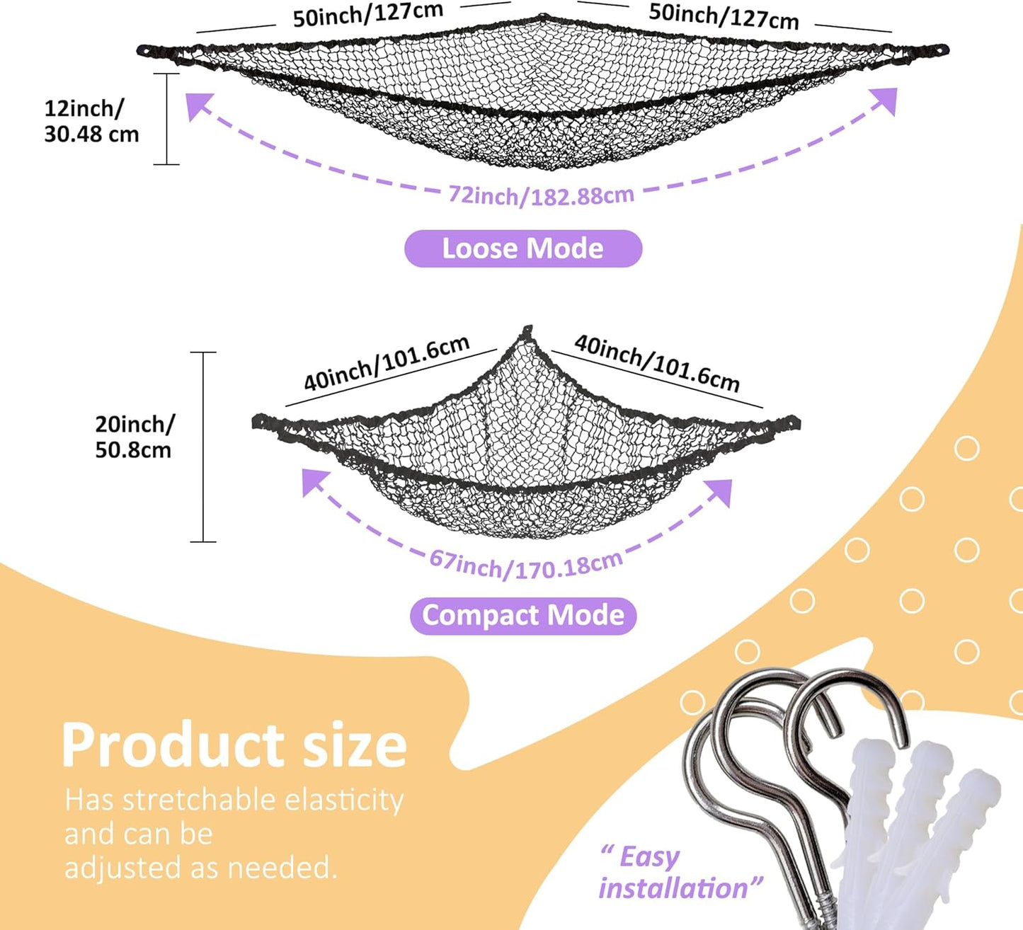 Stuffed Animal Net Hammock for Plushie Toys, Stuffed Animal Hammock Corner for Kids' Room Decor, Ideas for Organizing Stuffy Collection, 2 Pack, Black