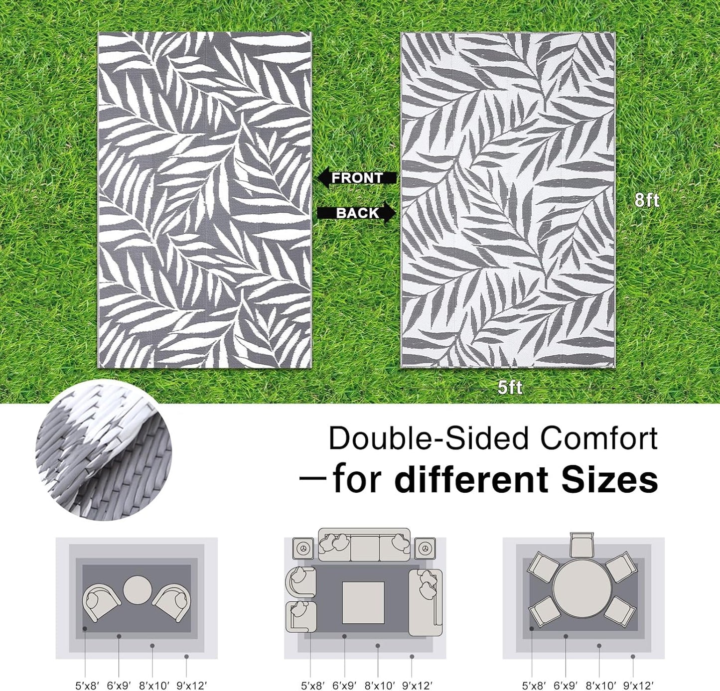 Waterproof Outdoor Rug 5X8 Ft, Reversible Outdoor Plastic Straw Rug with Leaf Pattern, RV Mat, Indoor Outdoor Carpet for Patio, Camping, Balcony, Deck, Backyard, Grey & White