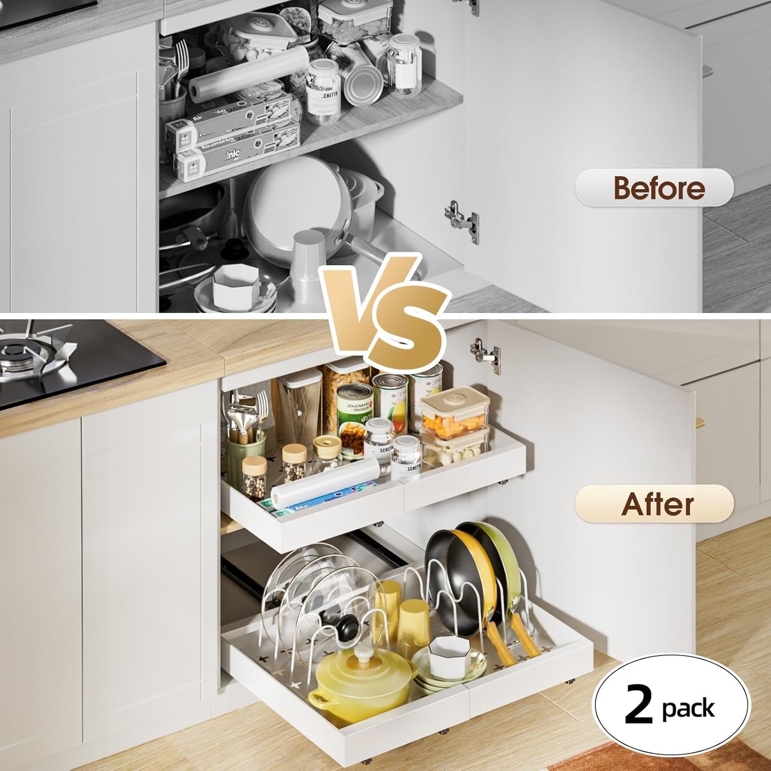 2 Pack 16" Deep Pull Out Cabinet Organizer with 6 Dividers, Expandable (11.7" -20" W) Pull Out Drawers for Cabinets, Cabinet Trays Pull Out for Cabinets in Kitchen, Pantry or Bathroom