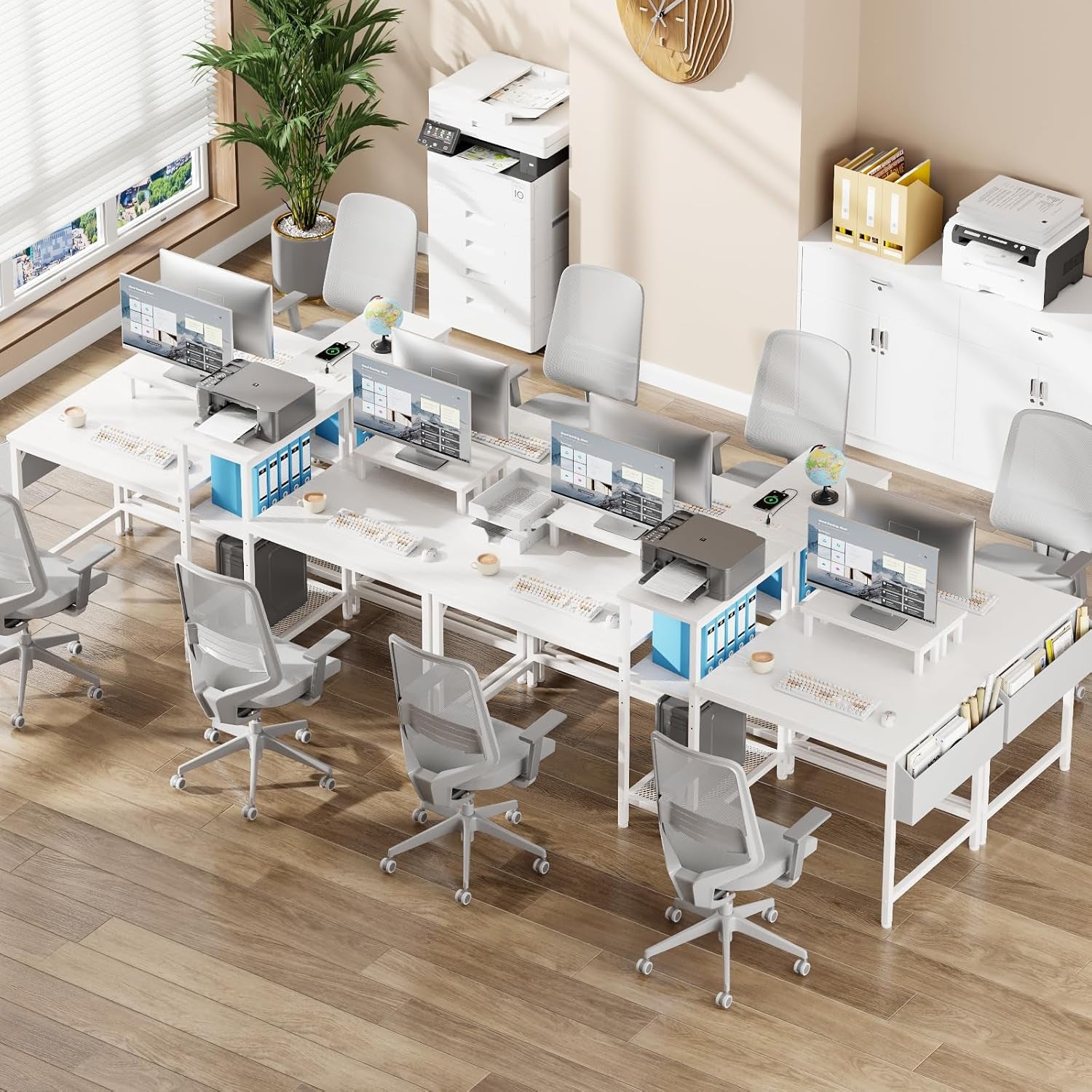 2 Person Gaming Desk with LED Lights, 71 Inch Computer Desk with Power Outlets and Monitor Stand, Double Desk with Storage Bag and Headphone Hooks, Study Writing Table for Home Office, White