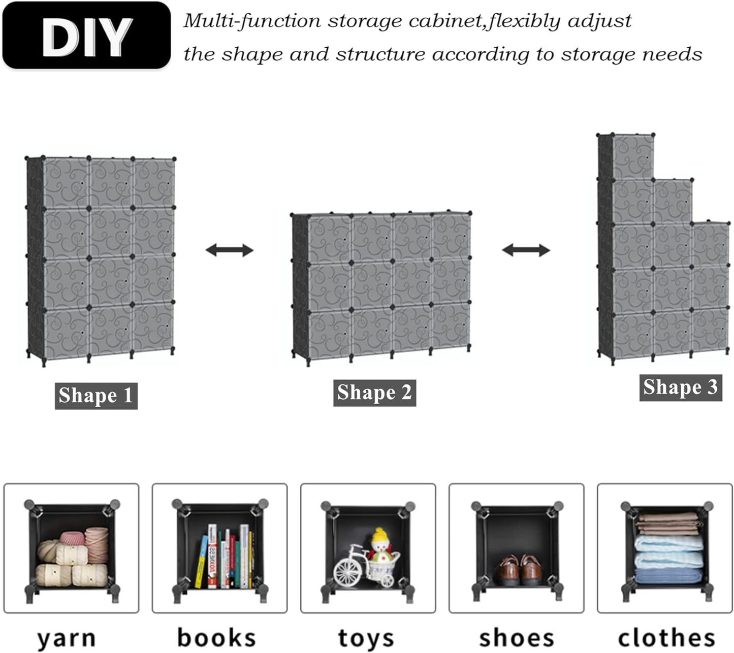 12 Cube Storage Organizer with Doors, DIY Plastic Closet Shelf, Modular Bookshelf, Stackable Shelving Rack for Bedroom, Living Room, Black ULPZ012