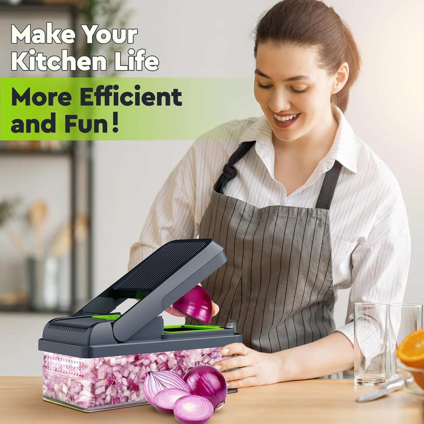 12-in-1 Vegetable Chopper with 7 Blades and Container, Versatile Food Preparation Tool, Cheese Grater, Essential Kitchen Gadget (Green/Grey)