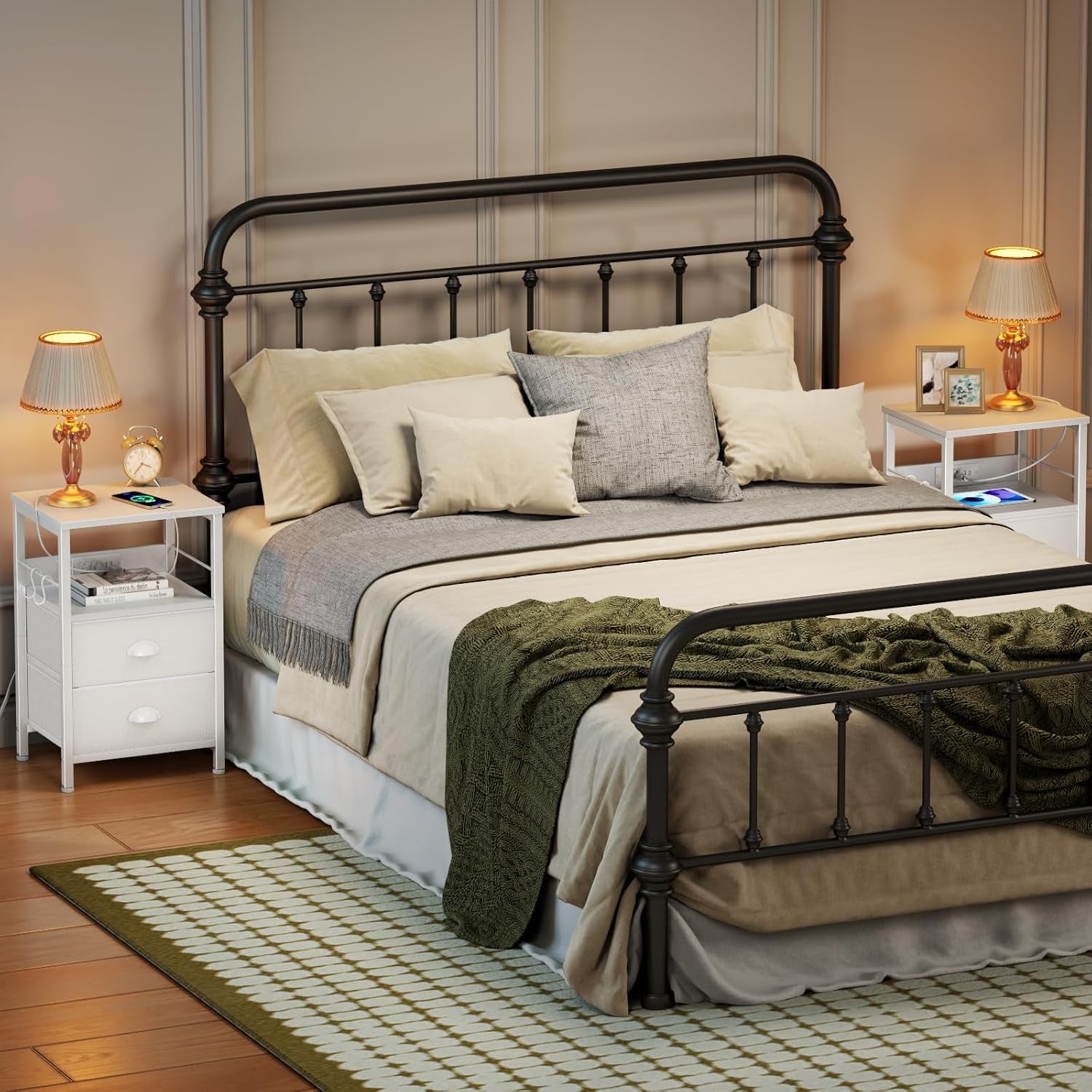 Nightstands Set of 2, Night Stands with Charging Station, Side Tables with 2 Fabric Drawers, End Tables with Storage Shelves, for Bedroom, White