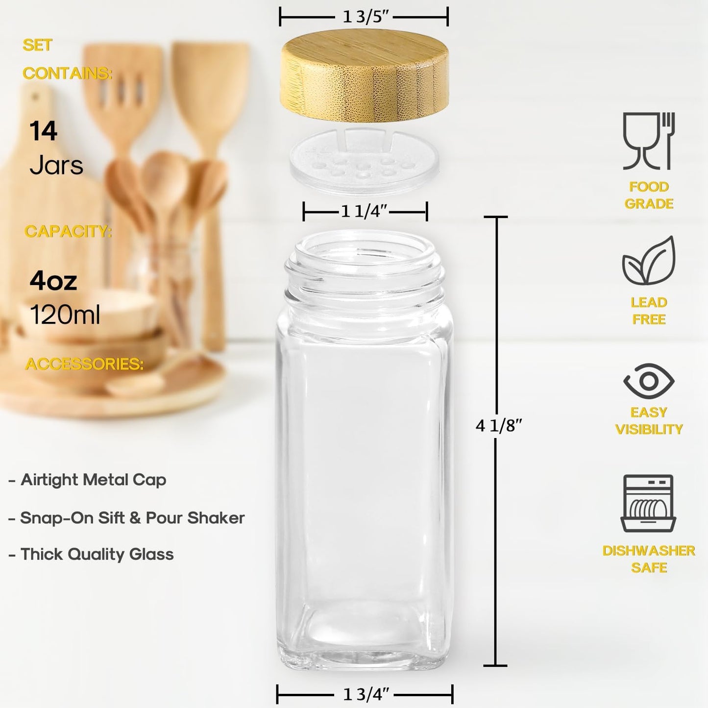 14 Pcs Spice Jars with Bamboo Lids - 4Oz Square Spice Bottles with Spice Labels, Shaker Lids, Funnel