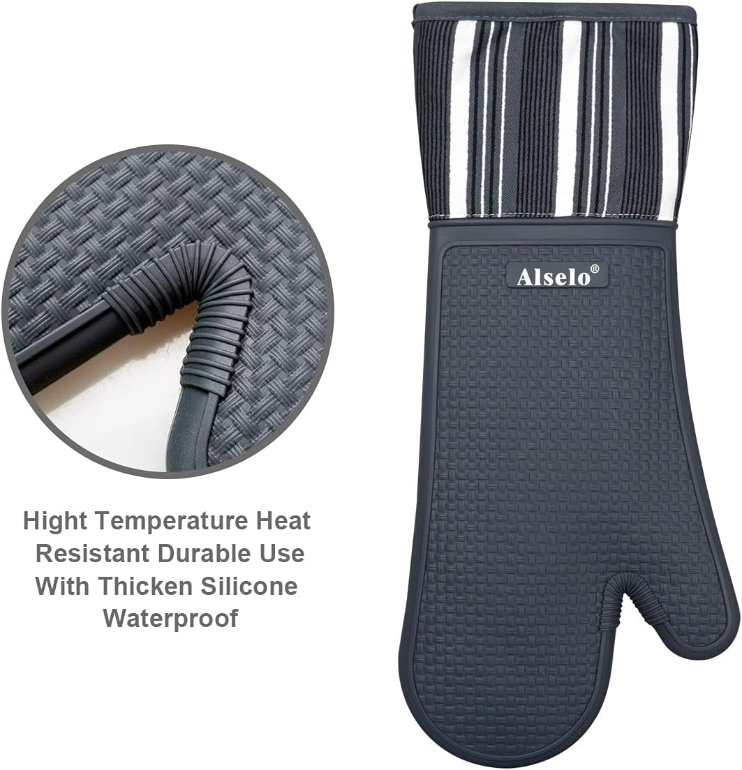 Silicone Oven Mitts Heat Resistant 550 Degree Extra Long Kitchen Gloves Pot Holders with Waterproof and Non-Silp for Baking Cooking Barbecue Microwave Machine Washable (Extra Long Grey, 2)