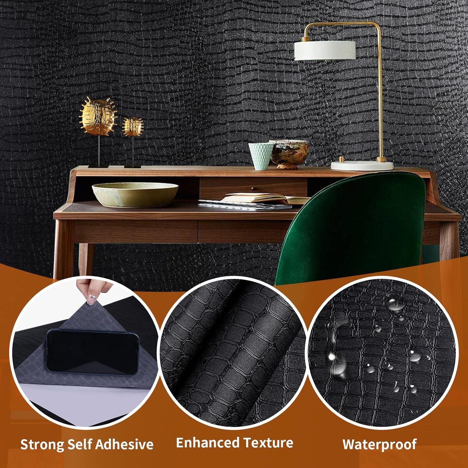 Black Peel and Stick Wallpaper - Removable Crocodile Self Adhesive Embossed Easy Peel off Contact Paper - Textured for Cabinet Bedroom 15.7" X 78.7"