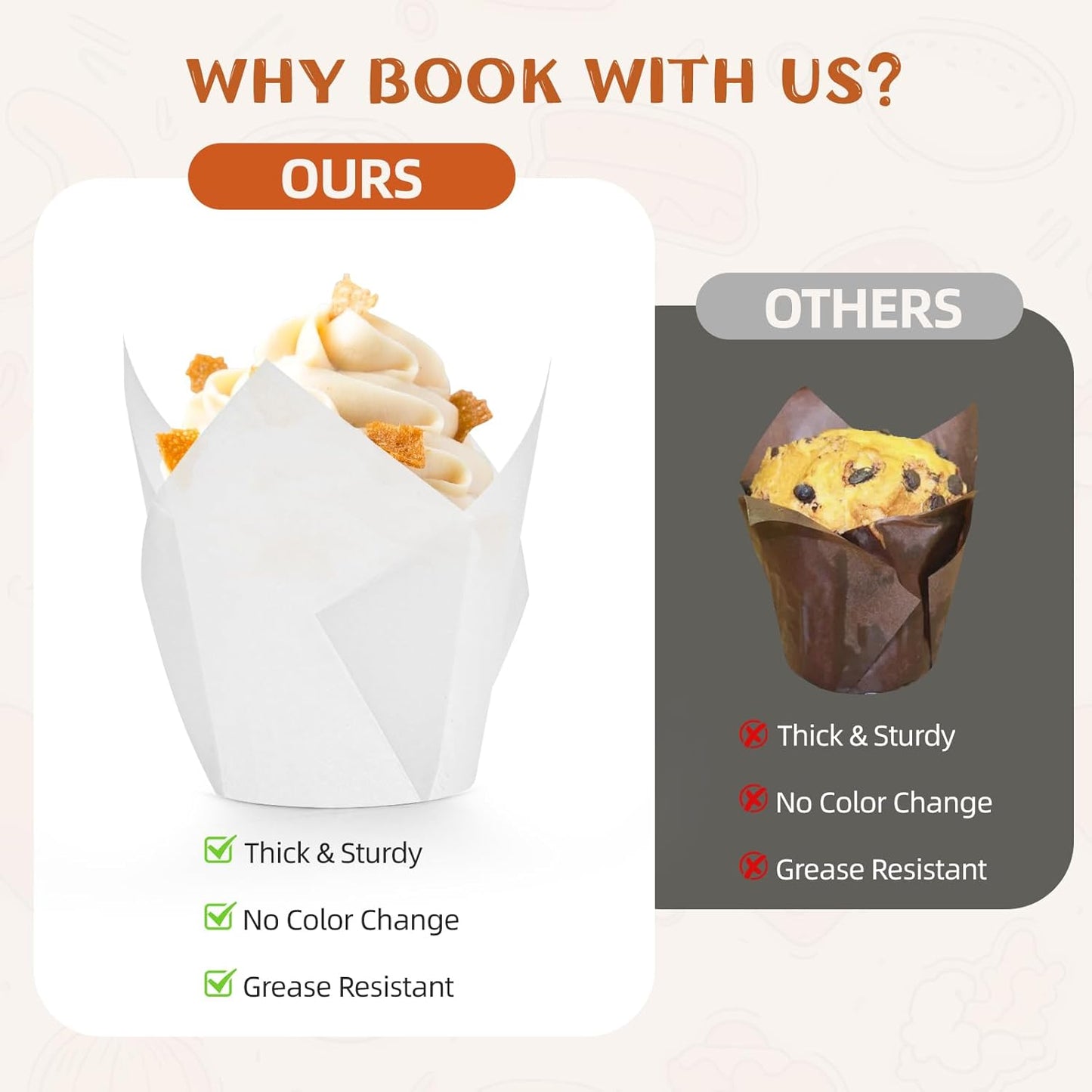 200Pcs White Tulip Cupcake Liners for Baking Cups, Premium Parchment Paper Tulip Muffin Liners, Greaseproof Cupcake Wrapper for Party, Christmas by