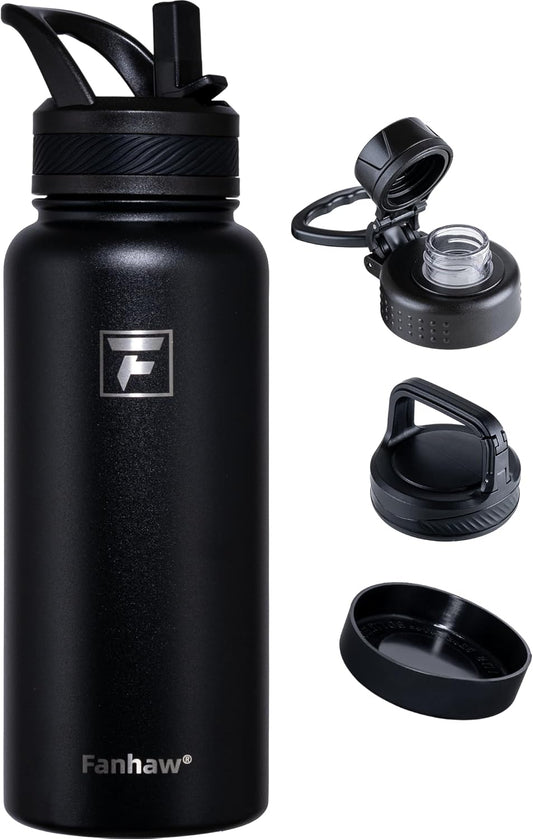 32 Oz Insulated Water Bottle – Portable Stainless Steel Flask with 3 Lids (Straw, Spout, Carabiner) | Leakproof, for Gym, Hiking, Work, Travel & Everyday Use (Black)