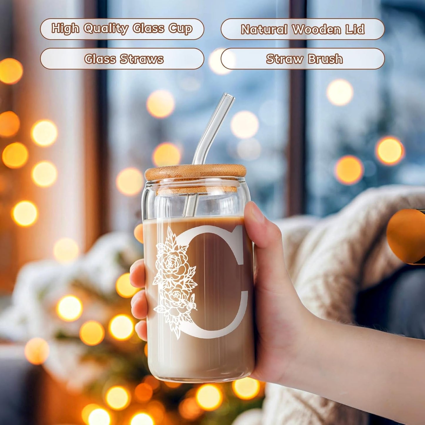 Gifts for Holidays,Birthday Gifts for Women,Personalized Initial Glass Cup as Iced Coffee Cups,Aesthetic Smoothie Cup Cute Beer Tumbler,16 Oz Glass Cups with Lids and Straws-C(1Psc)