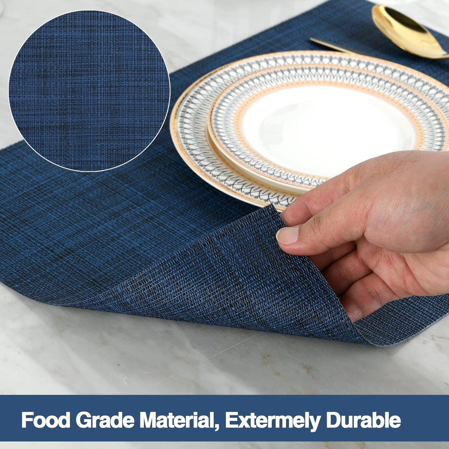 Navy Blue Vinyl Placemats Set of 4 - Washable and Heat Resistant Table Mats for Dining - 17 x 12 Inches