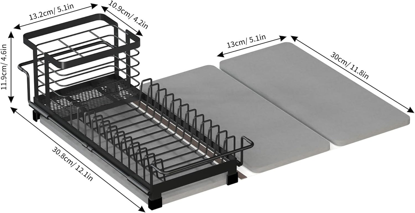 Expandable Small Dish Drying Rack with Diatomite Mat and Utensil Holder for Kitchen Sink, 5.4”W x 12.1”-18.9”L