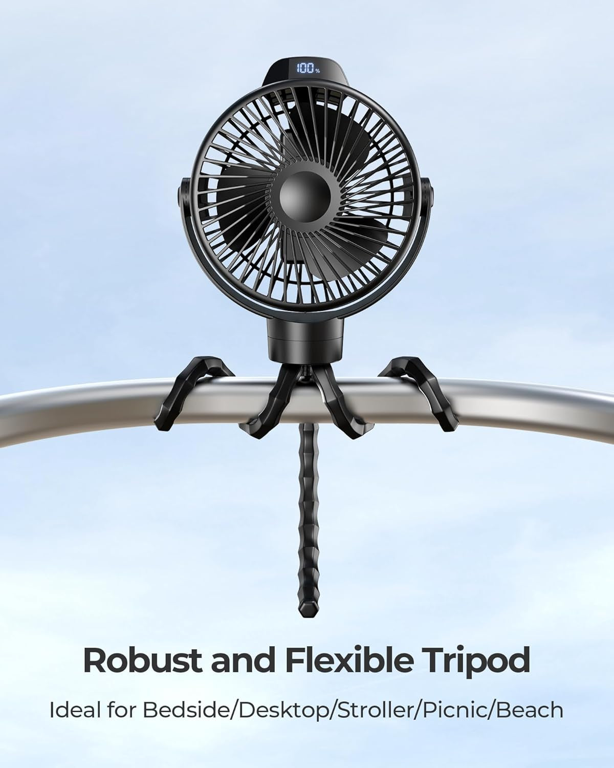 Portable Stroller Fan for Baby, Rechargeable Battery Operated, 3 Speeds, 360° Rotation, 25Db Low Noise,Digital Display, Detachable Flexible Tripod Clip-On Car Seats, Tent, Crib, Treadmill