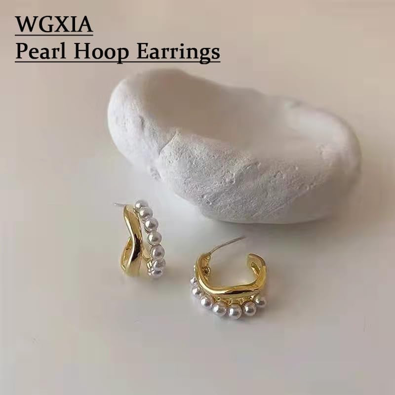 Pearl Hoop Stud Earrings for Women, 14K Gold Square Double Hoop Earrings Dainty Lightweight Studs Jewelry Graduation Birthday Gift for Girls Trendy Earring
