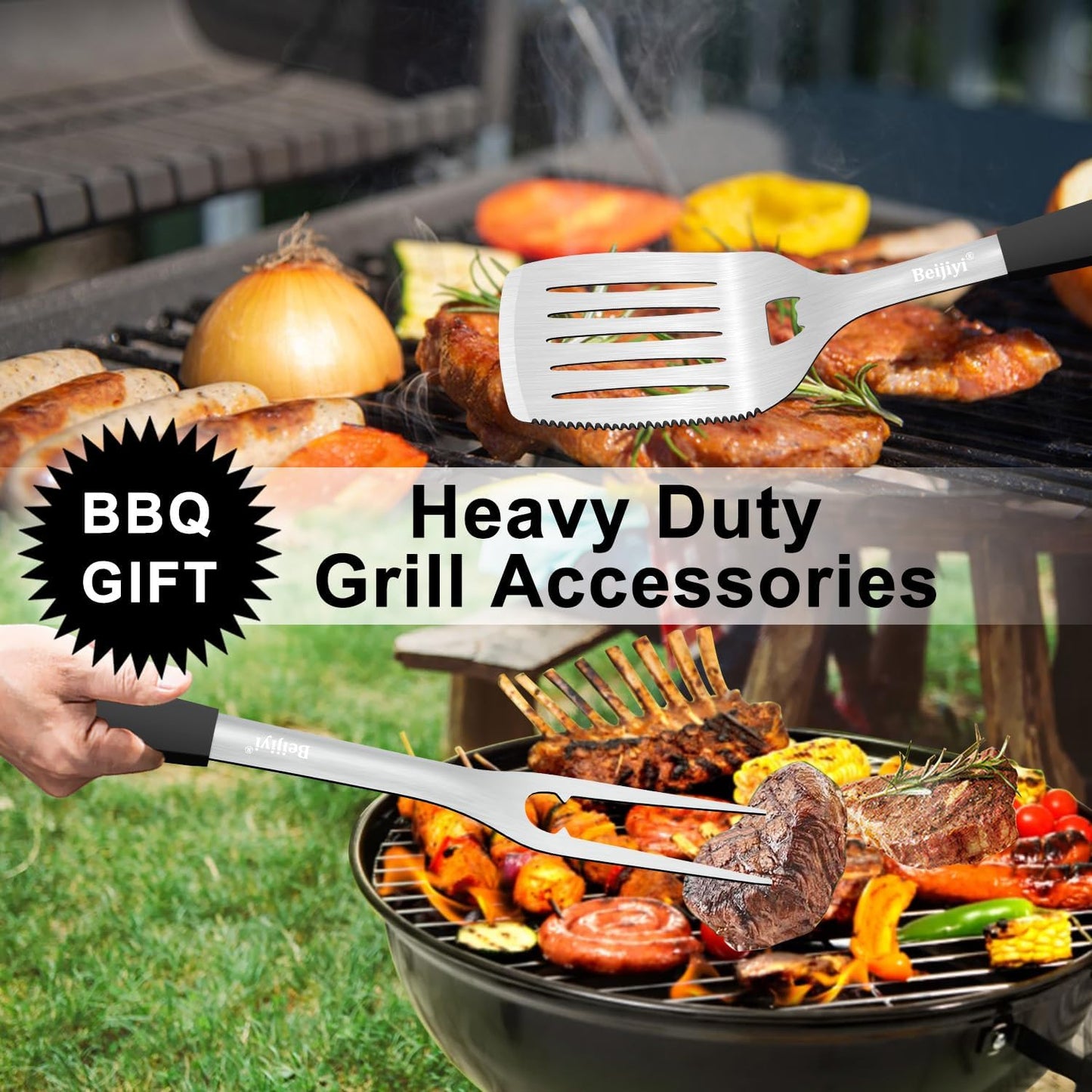 2-Piece Heavy Duty BBQ Grill Tools Set, Professional Stainless Steel Grilling Spatula & Fork with Full Tang Silicone Handle, Outdoor Grill Accessories for Barbecue Cooking