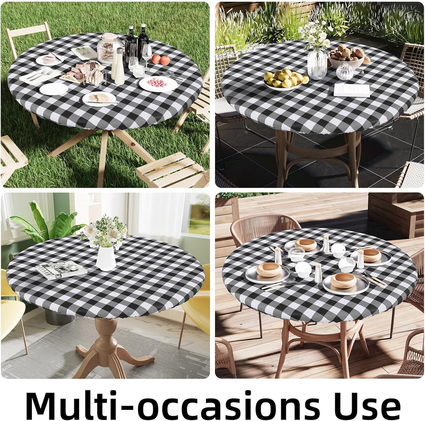 round Picnic Tablecloth, Elastic Waterproof Fitted Vinyl Tablecloths for 36"-44" Tables, Flannel Backed Buffalo Plaid Table Cover for Dining, Camping, Outdoor, Black and White