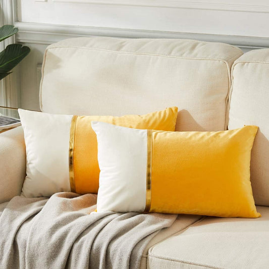2 Packs Decorative Throw Pillow Covers 12X20 Inch for Living Room Couch Bed, Yellow and White Velvet Patchwork with Gold Leather, Luxury Modern Home Decor, Lumbar Cushion Case 30X50 Cm