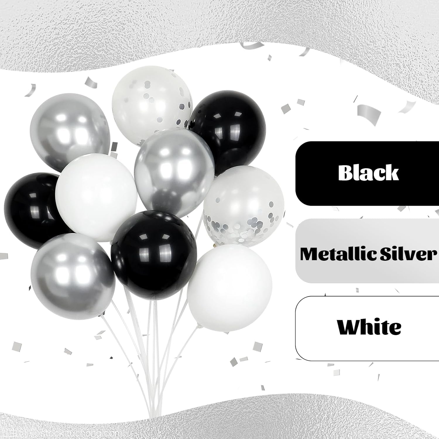 60Pcs Black and Silver Balloons 12Inch, Black and White Balloons with Metallic Silver Confetti Balloons for Baby Shower Wedding Birthday Graduation Party Decorations