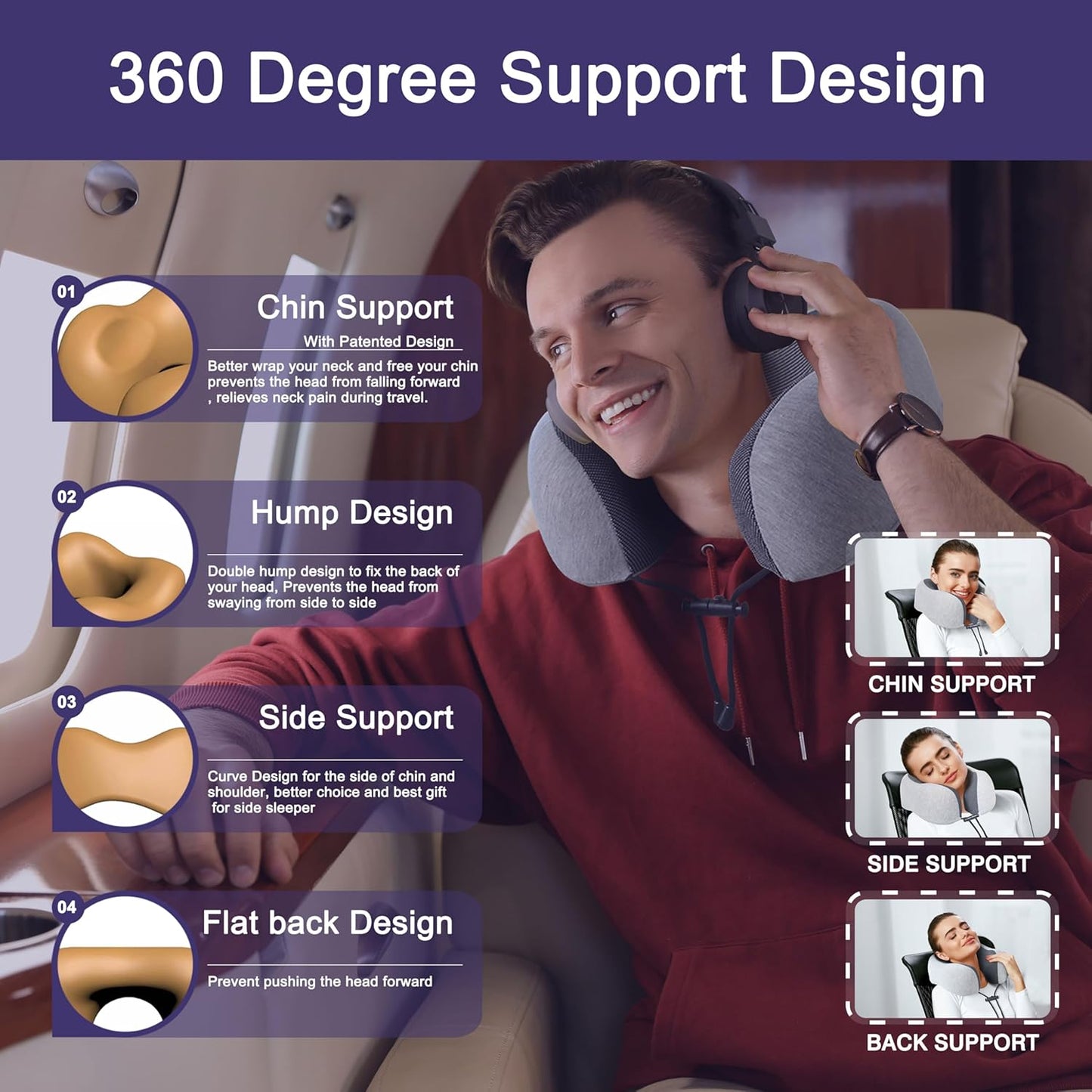 Neck Pillow for Traveling, Upgraded Travel Neck Pillow for Airplane 100% Pure Memory Foam Travel Pillow for Flight Headrest Sleep, Portable Plane Accessories, Light Grey