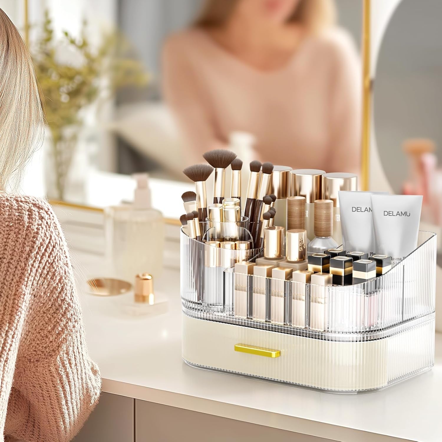 Makeup Organizer for Vanity with Stackable Drawers, 360 Rotating Makeup Brush Holder Large Cosmetic Display Case for Dresser, Bathroom Countertop Skincare Organizers and Storage, Elegant White