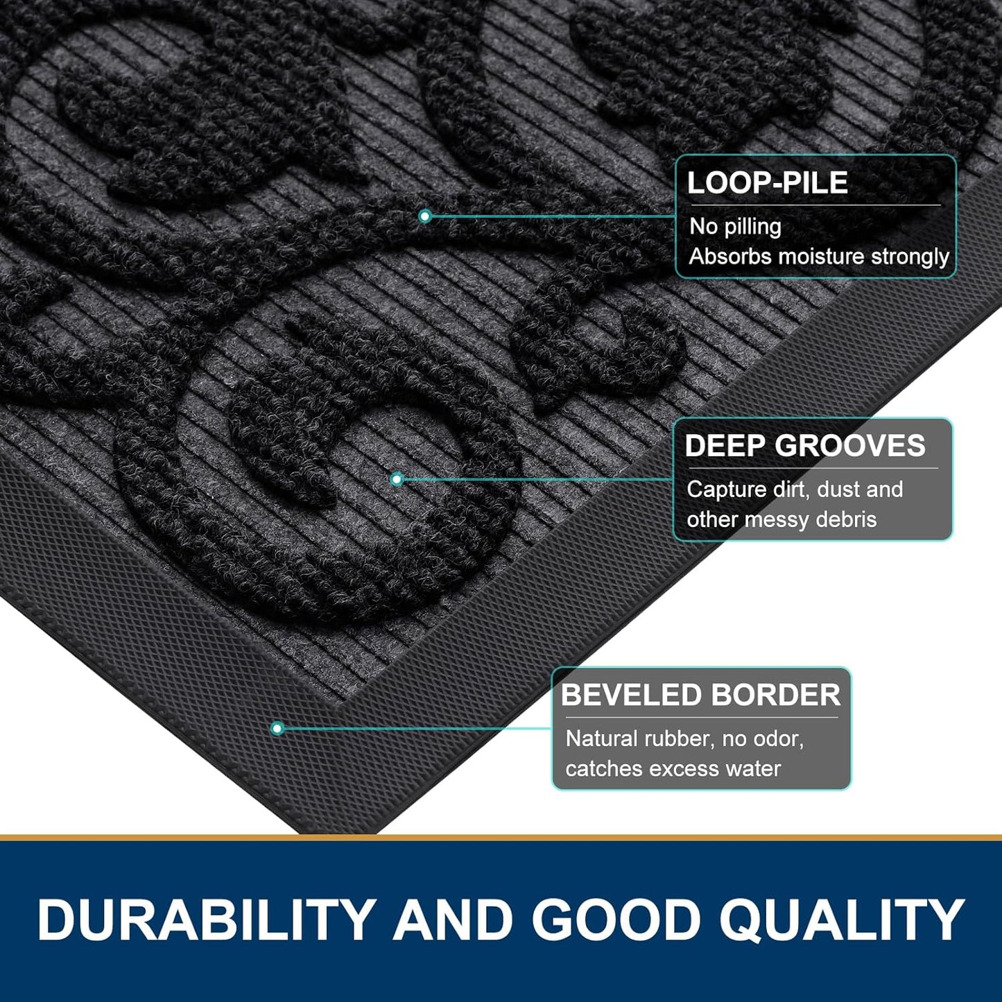 Welcome Door Mat outside Entrance, Heavy Duty Trap Dirt and Moisture Easy Clean Low Profile Patio Porch Indoor Outdoor Front Doormat for Entry, 29.5X17 Inch, Black/Welcome