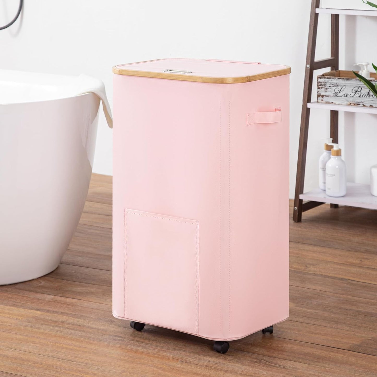 Laundry Basket with Wheels, Tall Dirty Clothes Hamper on Wheels, Rolling Laundry Hamper with Lid for Dorm, Bedroom and Bathroom (Pink, 100L)