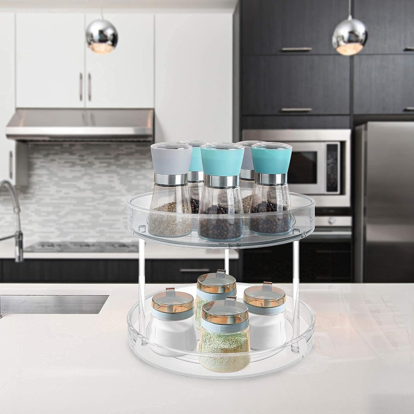 2 Tier Lazy Susan Turntable Spice Rack Organizer for Kitchen Cabinet, Farmhouse Tiered Tray Decorative Trays for Fruit, Snacks - Organizer for Cupboard, Pantry, Bathroom, Table