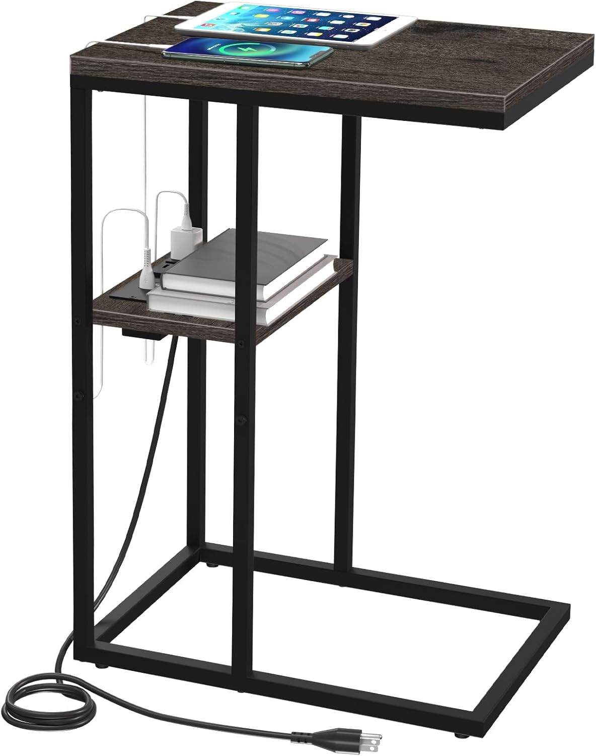 C Shaped End Table with Charging Station for Living Room, Bedroom, Sofa Table with USB Ports and Outlets for Small Spaces, C Couch Rustic Snack Bed Table, Charcoal Gray