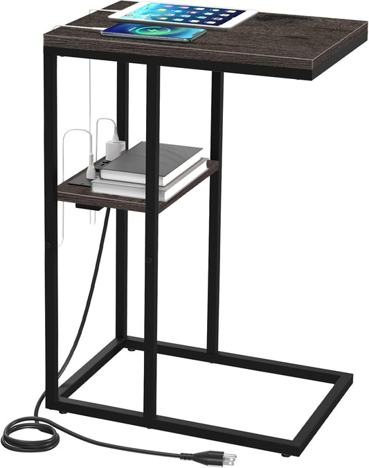 C Shaped End Table with Charging Station for Living Room, Bedroom, Sofa Table with USB Ports and Outlets for Small Spaces, C Couch Rustic Snack Bed Table, Charcoal Gray