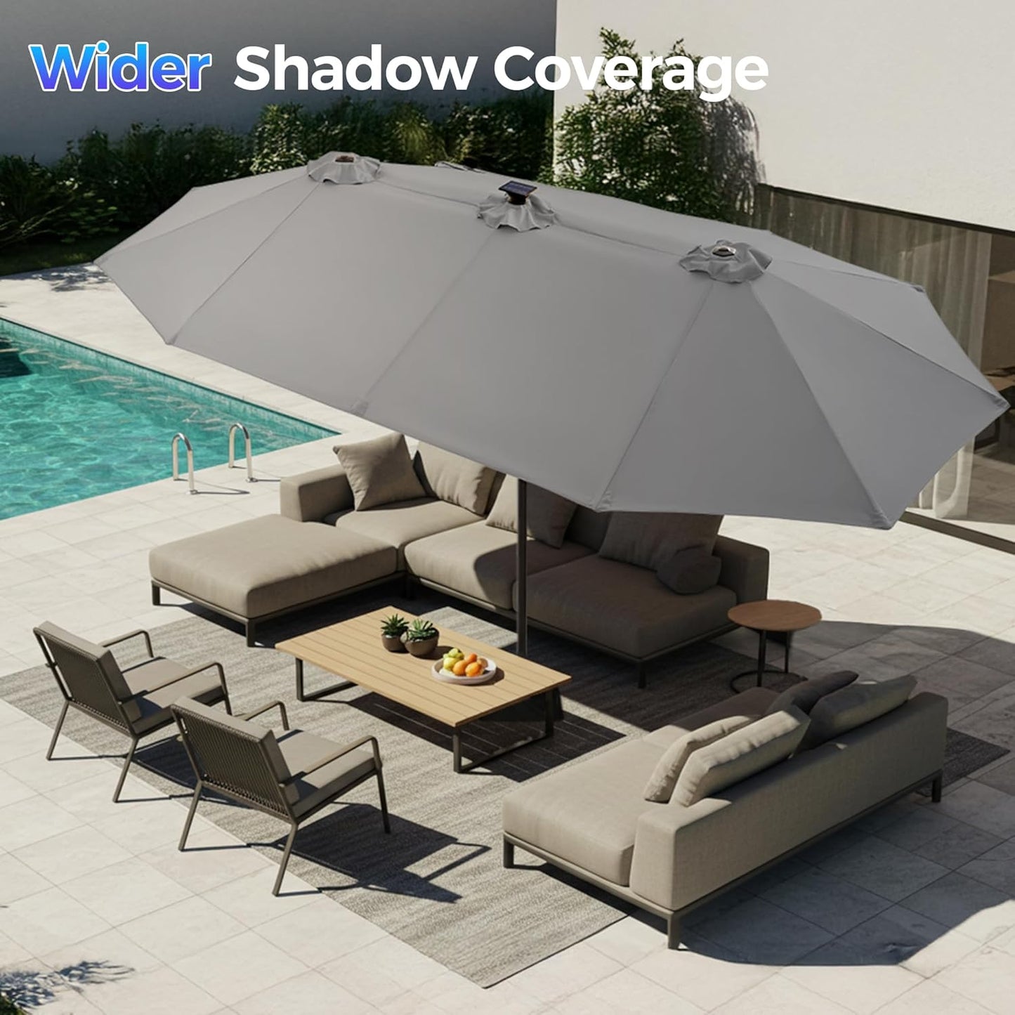 13-Foot Double-Sided Outdoor Patio Umbrella with Solar Lighting, Fade-Resistant Canopy, 12 Durable Ribs, for Deck, Pool, Porch, and Market Use