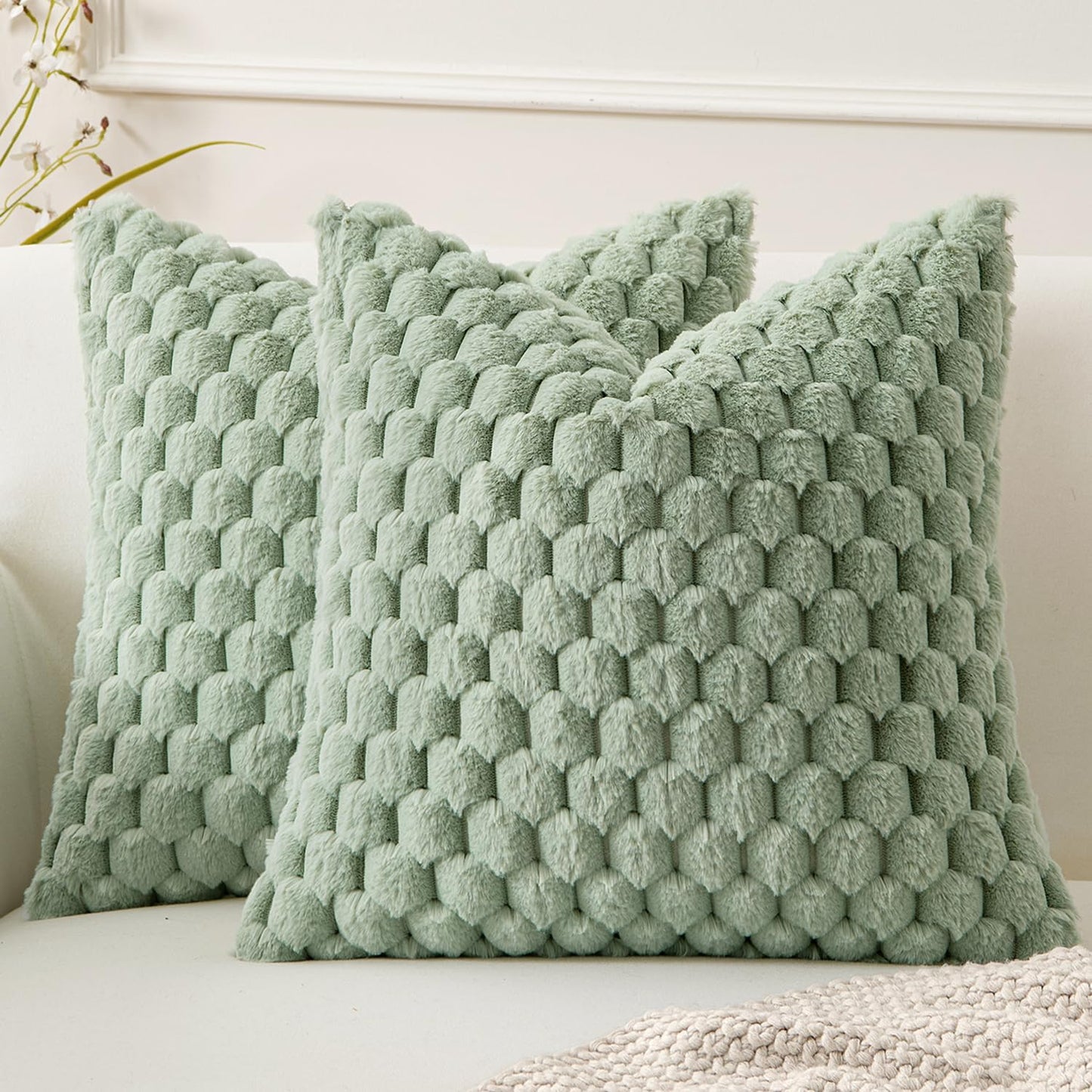 Sage Green Faux Fur Decorative Throw Pillow Covers 18X18 Inch Set of 2 Super Soft Cozy Plush Cushion Cases Luxury Fluffy Pillowcases for Sofa Couch Bed Living Room