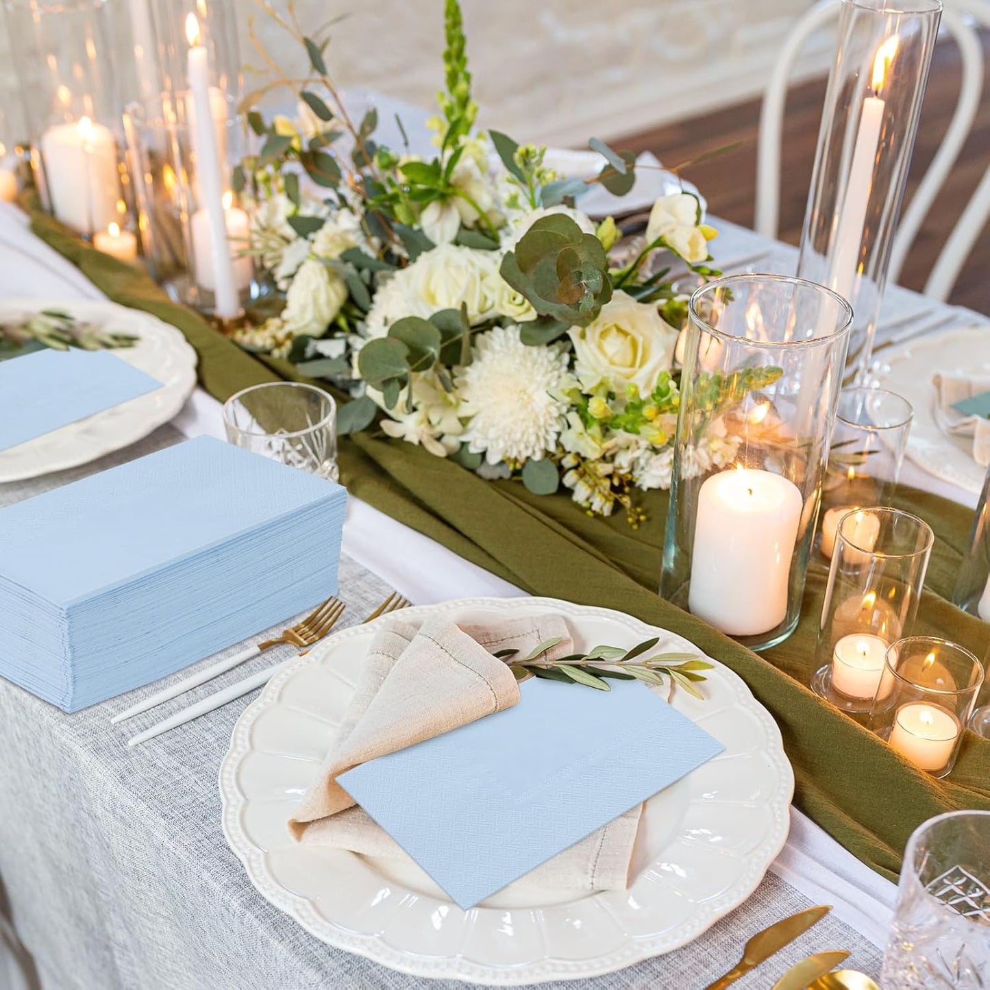 50 Pcs 3-Ply Blue Scalloped Cocktail Napkins Guest Bathroom Napkins Thick Paper Napkins Disposable Party Napkins Beverage Napkins for Birthday, Wedding,Anniversary Party, Baby Shower 13 X 15.7 Inches