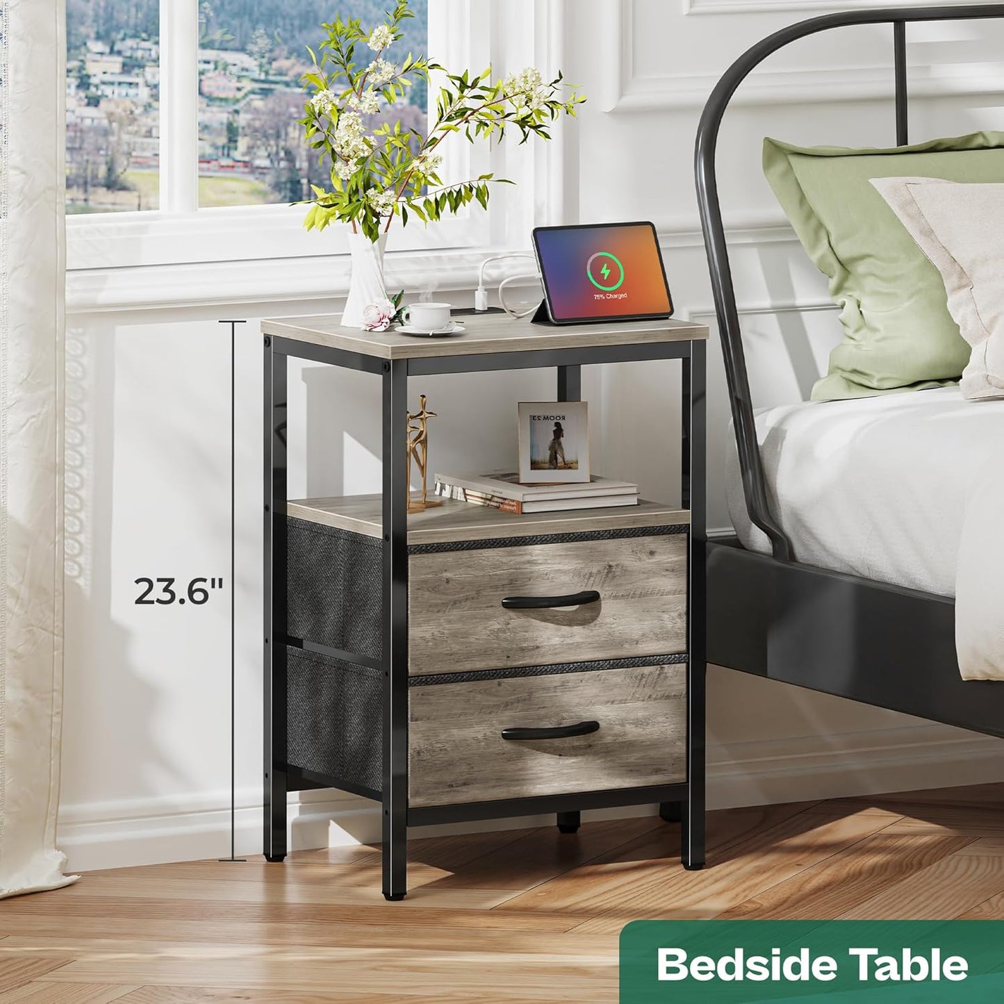 Oak Nightstand with Charging Station, Fabric Drawers, Open Shelf, USB Ports, and Outlets for Bedroom Use