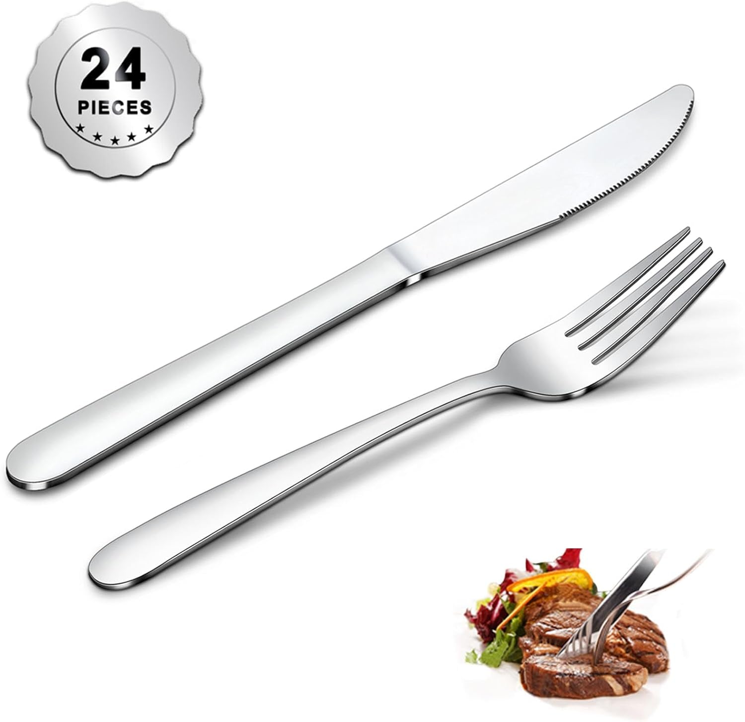 24 Pieces Forks and Knives Set, Food Grade Stainless Steel Silverware Set with 12 Knives & 12 Forks, Fork Silverware, Butter Knife, Metal Fork & Dinner Knives, Mirror Polished, Dishwasher Safe