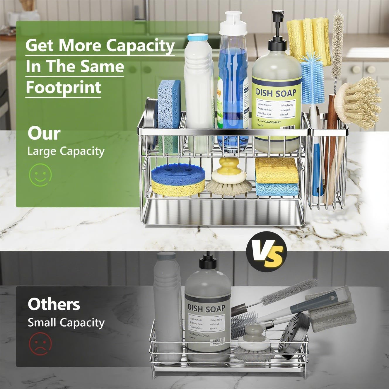 Silver 2-Tier Kitchen Sink Caddy Organzier Rack with Flexible Dish Brush Holder, Sponge Holder for Kitchen Sink Countertop Organization Storage,Home Decor Stainless Steel