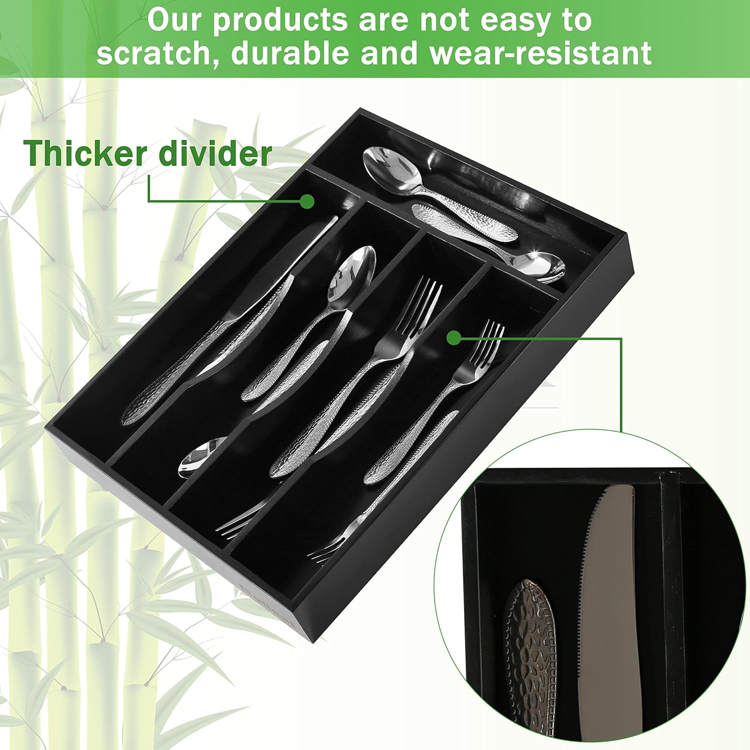 Black Silverware Organizer 10 in Utensil Organizer Silverware Tray for Drawer Cutlery Flatware Organizer for Kitchen Bamboo Wood