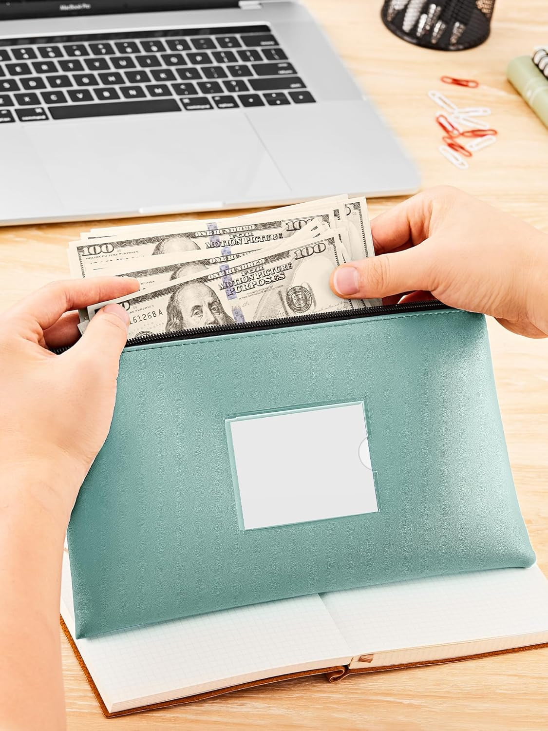 2-Pack Bank Deposit Money Bags with Zipper, PU Leather Bags Cash Wallet Pouches with Label, for Coins, Cosmetics, Invoice, Bills, Tools, 11.5 X 6.2 Inches, Aqua Blue & Black