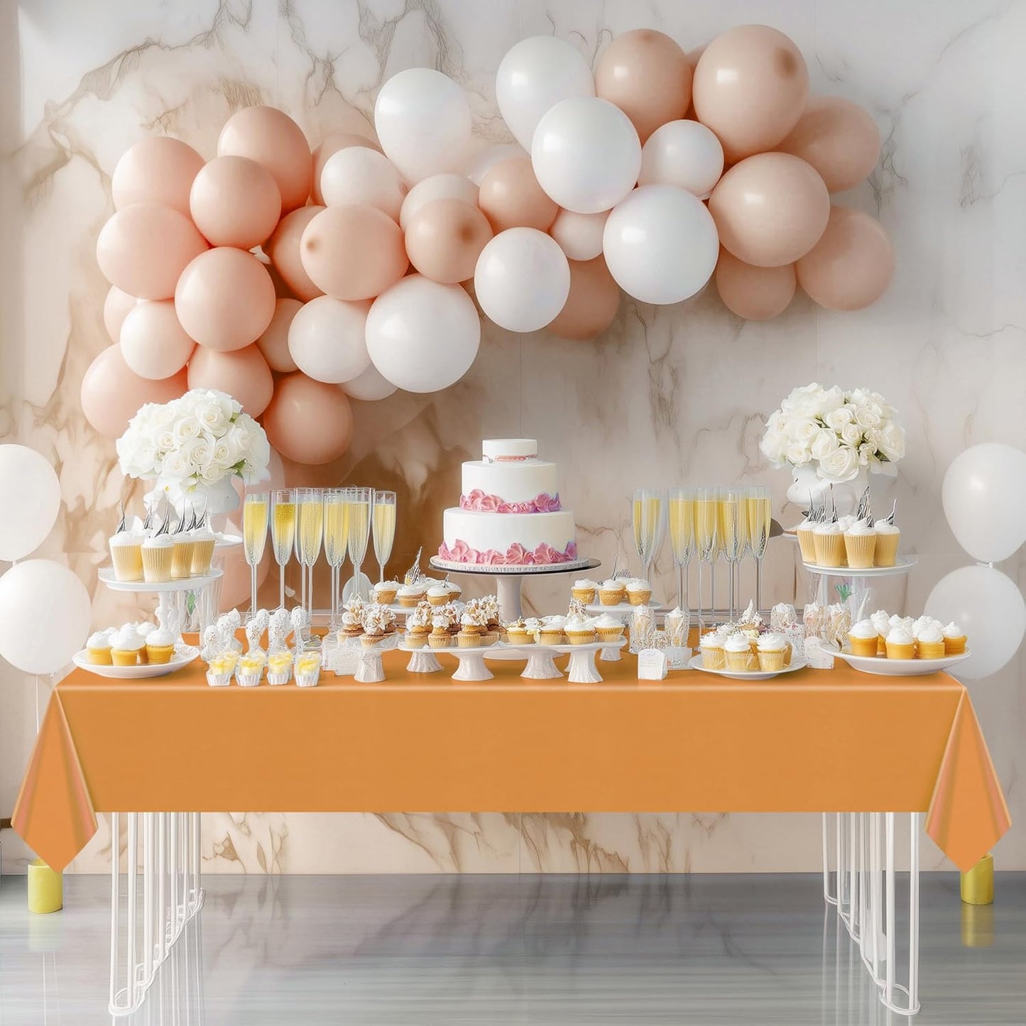Set of 4 Orange Rectangular Tablecloths, 54x72 Inches, Waterproof and Spillproof Disposable Plastic Covers for Dining, Buffets, Picnics, and Outdoor Events