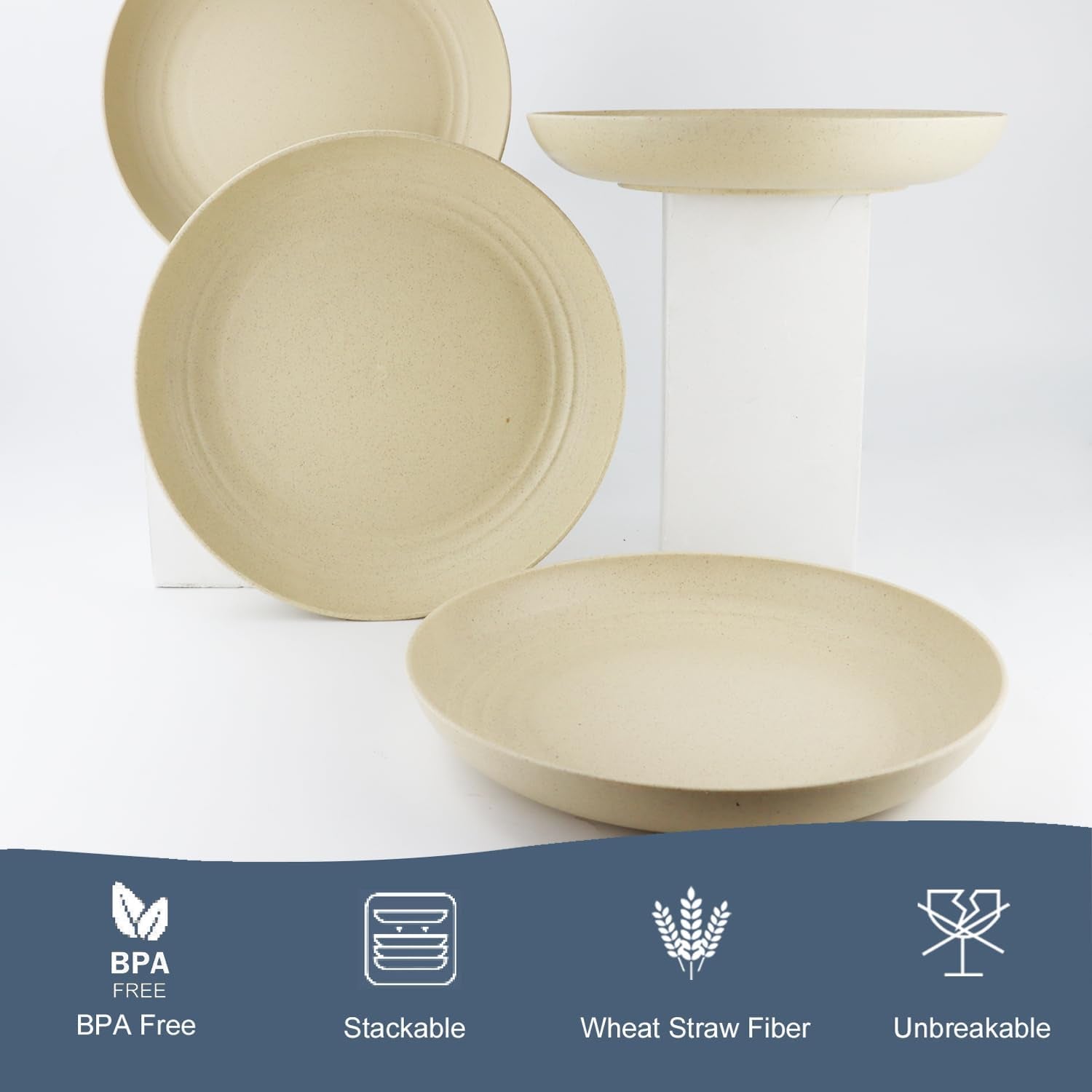 Deep Dinnerware Set of 12 - Eco-Friendly Wheat Straw Plates, Microwave and Dishwasher Safe, Unbreakable for Kids (Beige, 10 Inch)